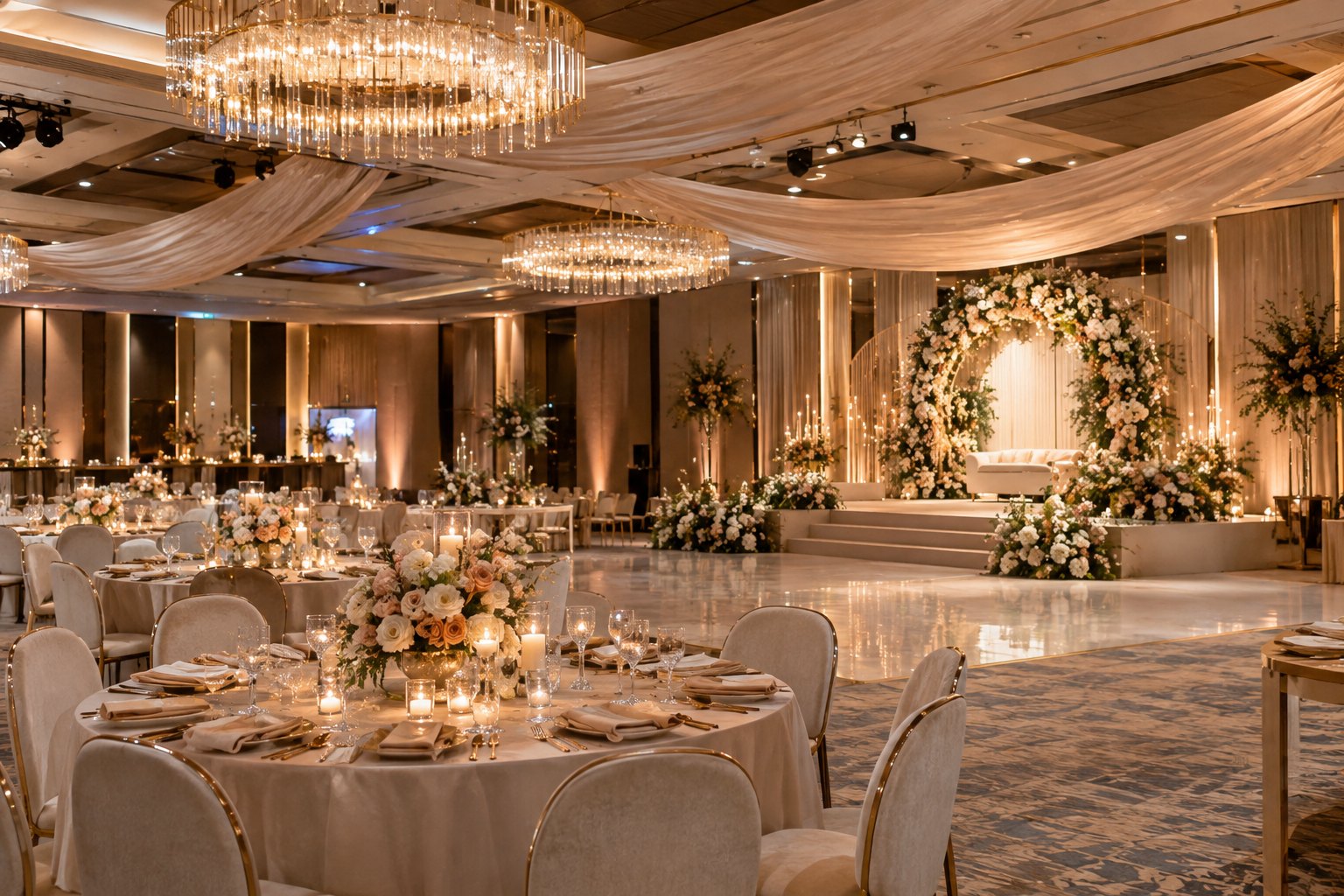 A candlelit luxury wedding ballroom — chandeliers, draped ceilings, a floral stage and dressed tables