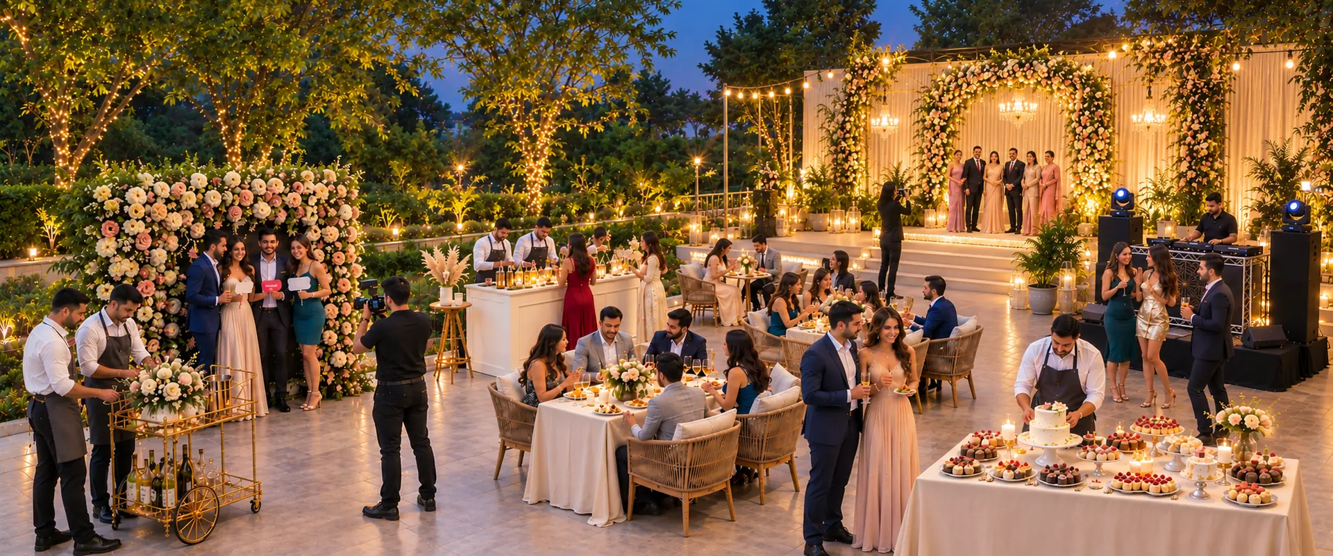 A twilight garden celebration — bartenders, a photographer, a live band, a DJ and a dessert table at work