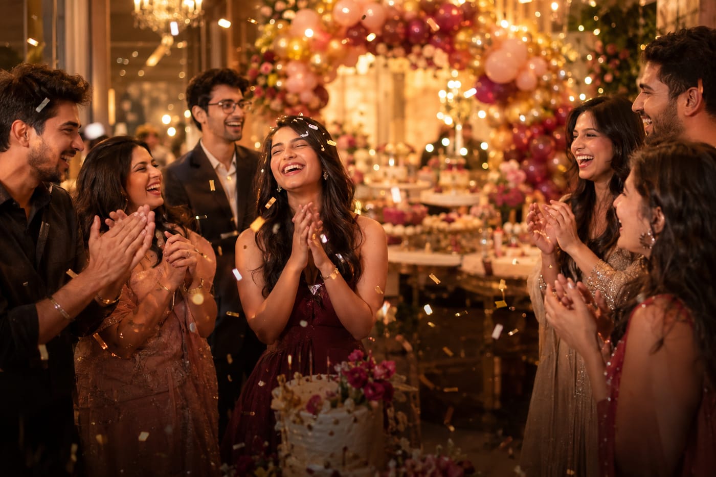 Friends celebrating at a party with confetti